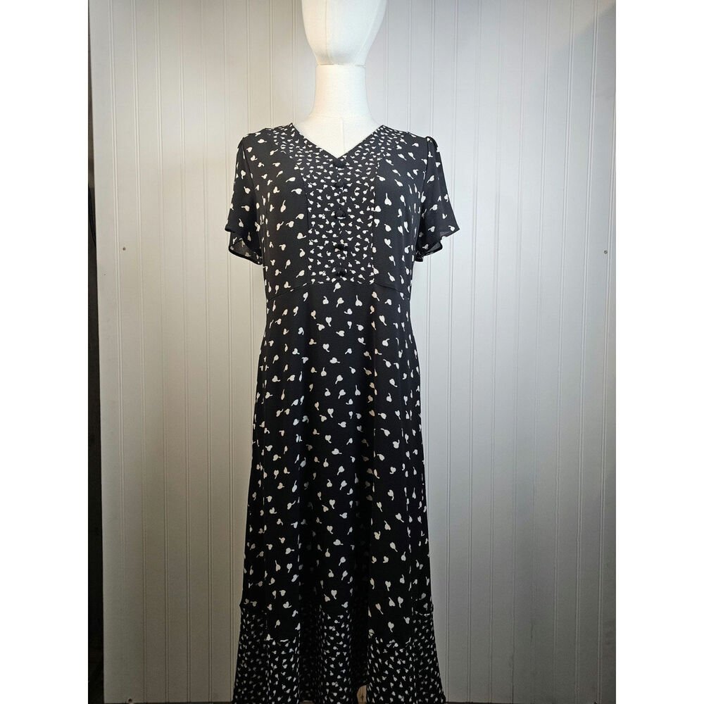 Talbots Flutter Sleeve Midi Dress Women's Size 6 Petite Black White Floral